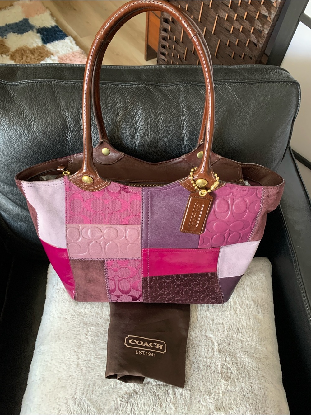 Rare 2009 Legacy Bleeker Purple Multi with Brown Patent Leather Trim Tote